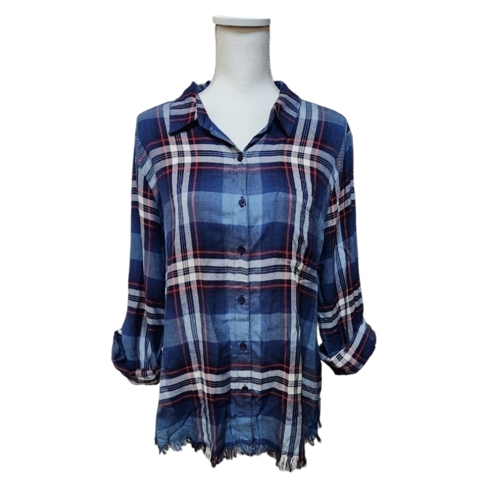 Dylan Women's Blue Red and White Plaid Button Down Shirt, Large